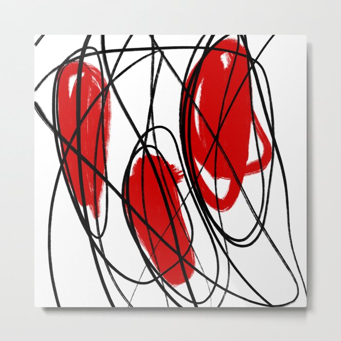 Three Circle Red, Black, and White Minimalist Abstract Linear Dot Painting Metal Print