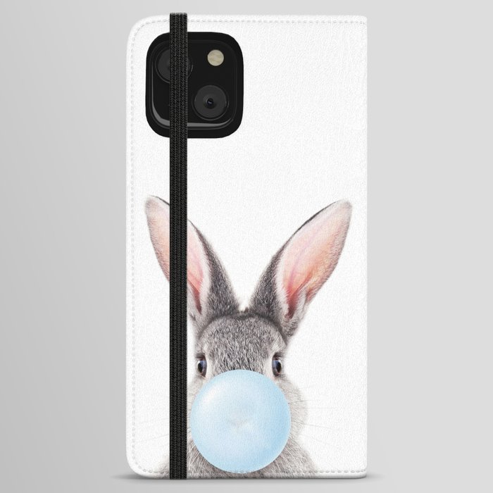 Grey Bunny Blowing Blue Bubble Gum, Baby Boy, Kids, Baby Animals Art Print by Synplus iPhone Wallet Case