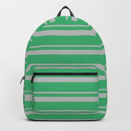 [ Thumbnail: Grey & Sea Green Colored Lined/Striped Pattern Backpack ]
