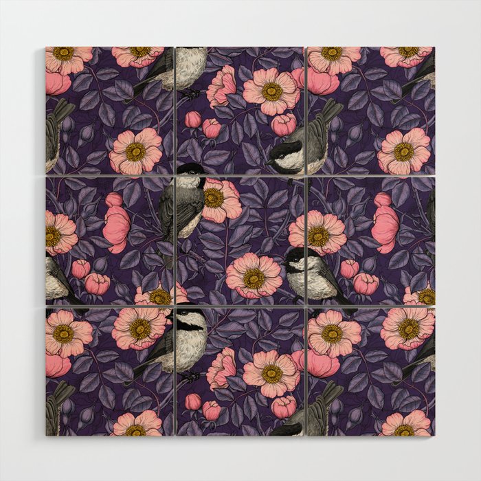 Chickadeed in the wild rose in pink and violet Wood Wall Art