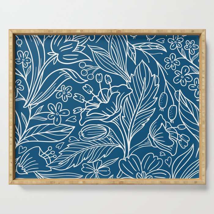 Leaves and flowers pattern on a dark blue background Serving Tray