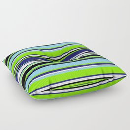 [ Thumbnail: Colorful Light Sky Blue, Chartreuse, Midnight Blue, White & Black Colored Striped/Lined Pattern Floor Pillow ]
