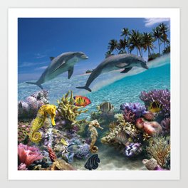 Coral Reef and Dolphins Art Print