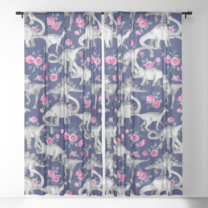 Dinosaurs and Roses on Dark Blue Purple Sheer Curtain