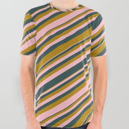 [ Thumbnail: Pink, Dark Slate Gray, and Dark Goldenrod Colored Lines Pattern All Over Graphic Tee ]