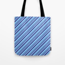 [ Thumbnail: Dark Slate Blue and Light Sky Blue Colored Stripes/Lines Pattern Tote Bag ]