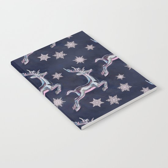 Silver Snowflakes & Happy Reindeer in Navy Blue & Pink Notebook