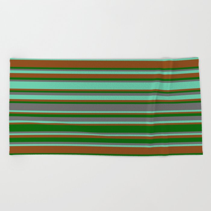 Brown, Dark Green, Dim Grey & Aquamarine Colored Lined/Striped Pattern Beach Towel