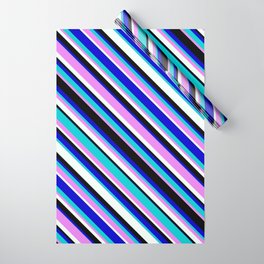 [ Thumbnail: Eyecatching Blue, Dark Turquoise, Violet, Mint Cream, and Black Colored Stripes Pattern Wrapping Paper ]