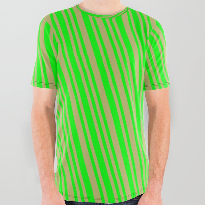 Dark Khaki & Lime Colored Striped Pattern All Over Graphic Tee