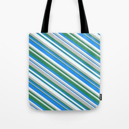 [ Thumbnail: Blue, Mint Cream, Grey, and Sea Green Colored Pattern of Stripes Tote Bag ]