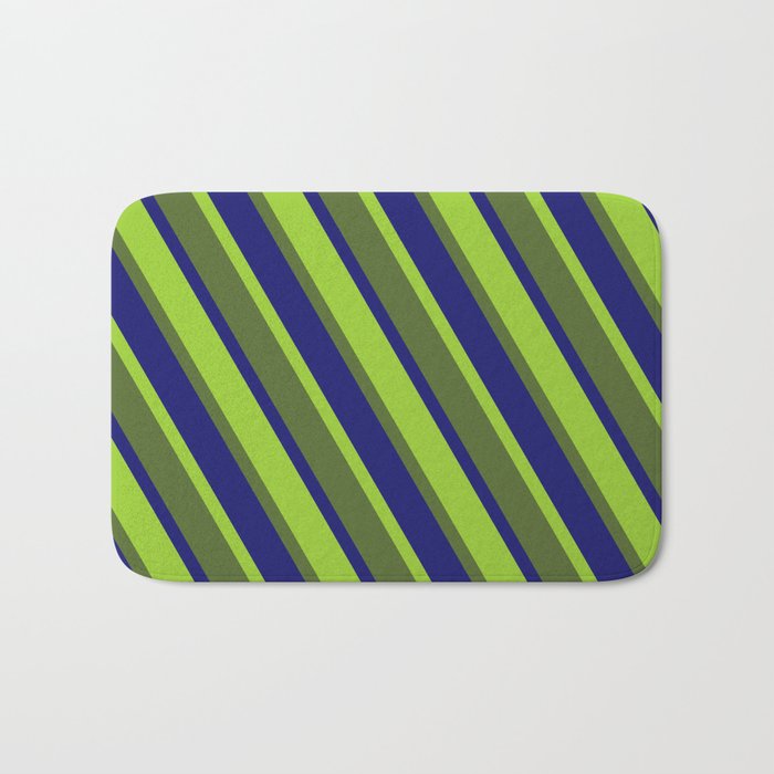 Green, Dark Olive Green, and Midnight Blue Colored Pattern of Stripes Bath Mat