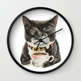 Purrfect Morning , cat with her coffee cup Wall Clock