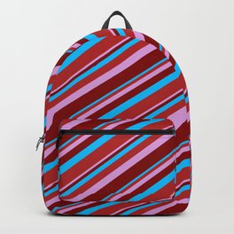 [ Thumbnail: Deep Sky Blue, Red, Plum & Maroon Colored Lined/Striped Pattern Backpack ]