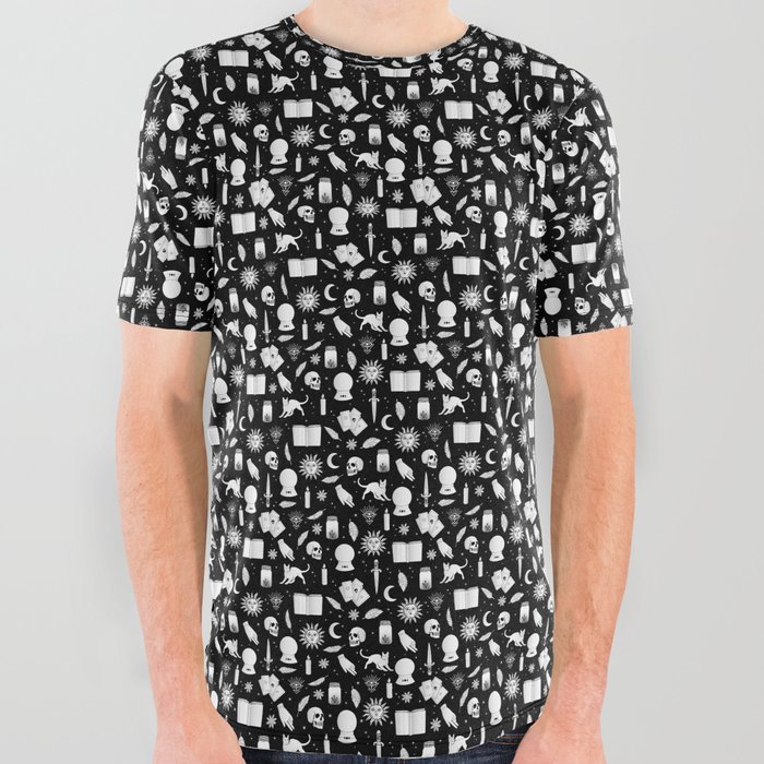 Small Bright White Halloween Motifs Skulls, Spells & Cats on Spooky Black  All Over Graphic Tee