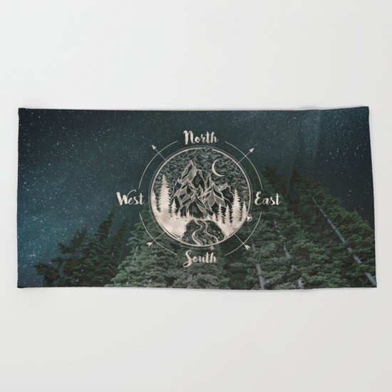 Mountains Compass Milky Way Woods Gold Beach Towel
