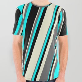 [ Thumbnail: Beige, Dim Grey, Aqua & Black Colored Lines/Stripes Pattern All Over Graphic Tee ]