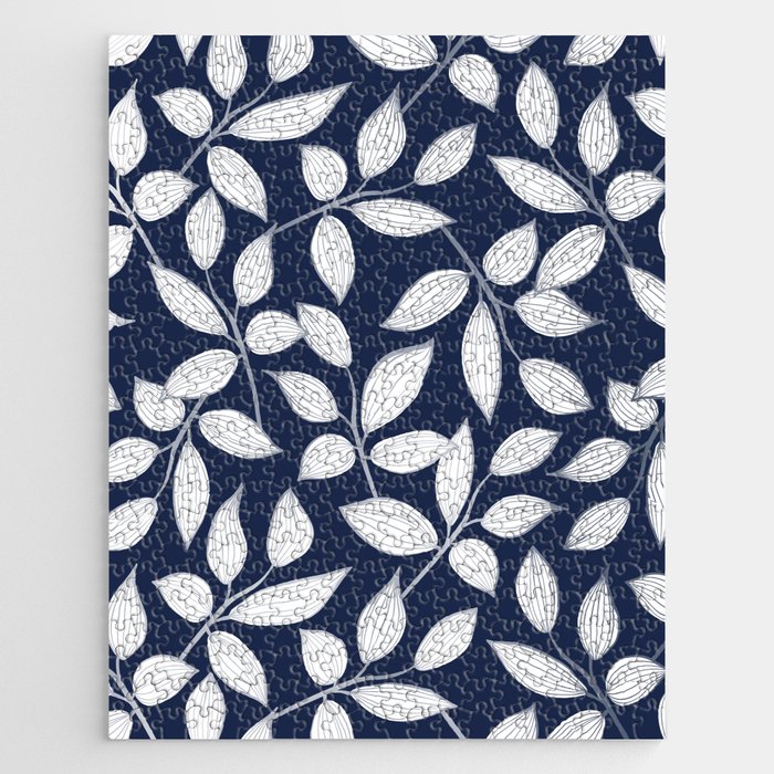 Floral Leaves in Navy Blue Jigsaw Puzzle