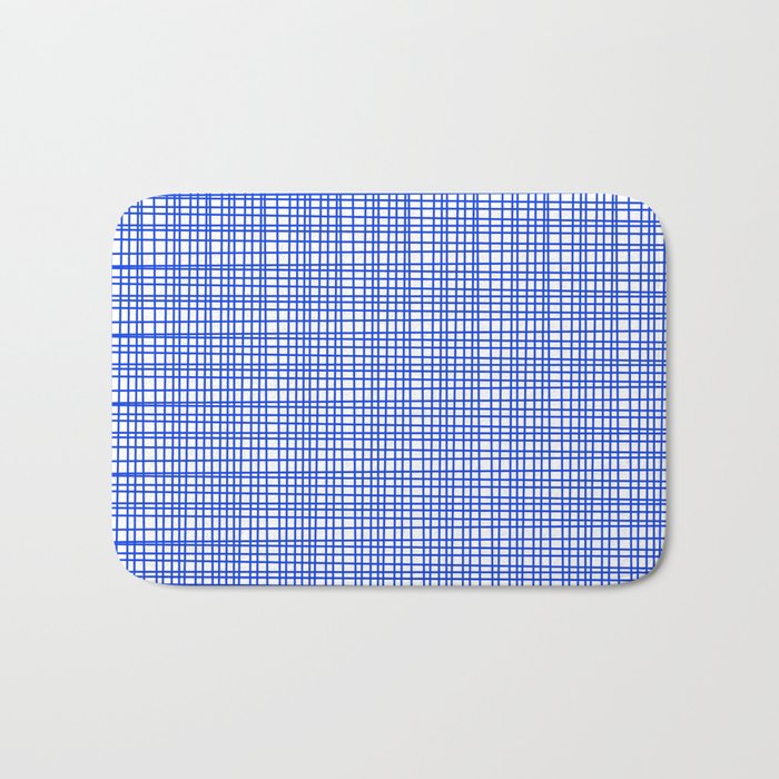 Royal Blue Fine Weave Mid Century Modern Minimalist Woven Line Pattern with White Bath Mat