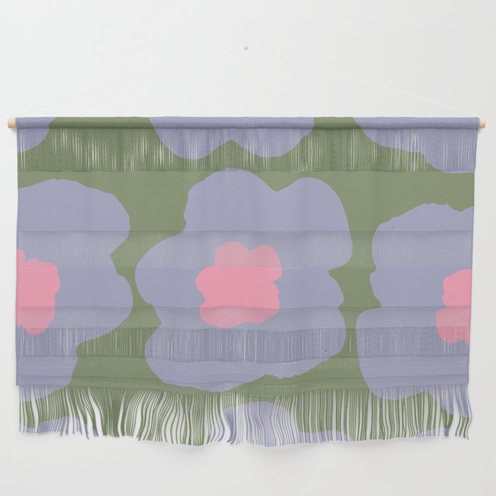 Large Pop-Art Retro Flowers in Very Peri Lavender on Green Background  Wall Hanging