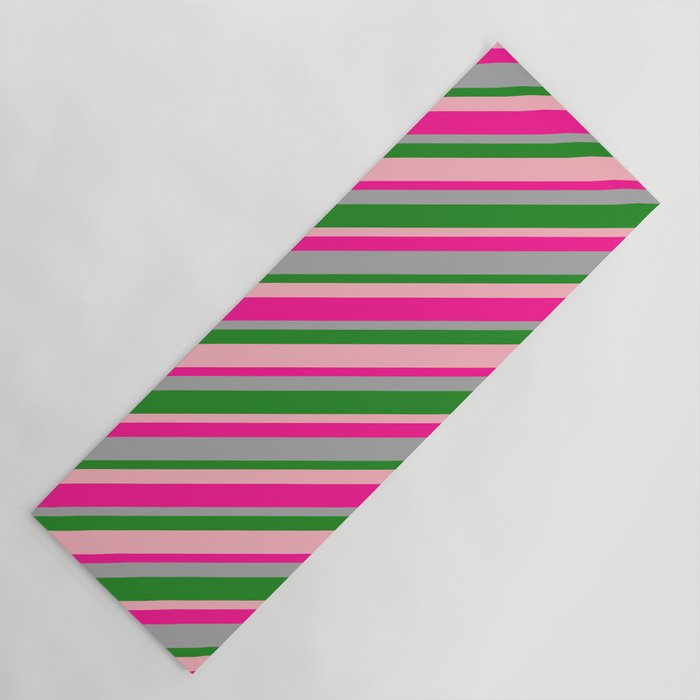 Deep Pink, Dark Gray, Forest Green, and Light Pink Colored Lines/Stripes Pattern Yoga Mat
