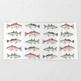 Pattern: Inshore Slam ~ Redfish, Snook, Trout by Amber Marine ~ (Copyright 2013) Beach Towel