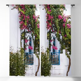 Traditional Greek Street Scenery | Blue Door and Pink Flowers | Island Life | Travel Photography in Europe Blackout Curtain