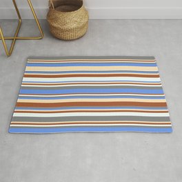 [ Thumbnail: Colorful Sienna, Mint Cream, Gray, Cornflower Blue & Beige Colored Striped Pattern Rug ]