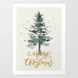Merry Christmas Watercolor Fir Tree Modern Hand-Lettered Greetings Brush Script Art Print
