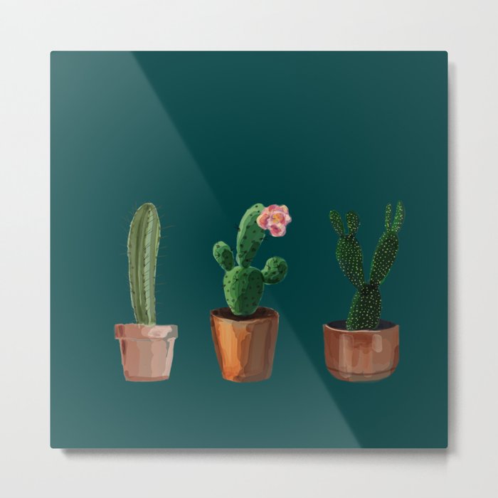 Three Cacti On Green Background Metal Print