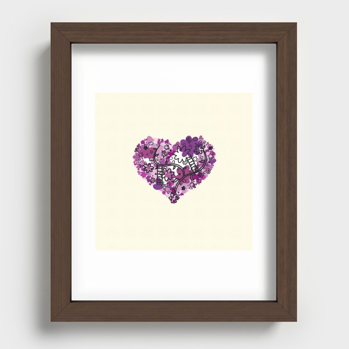 Purple hearts and flowers in the heart with light yellow background Recessed Framed Print