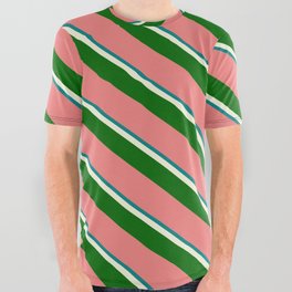 [ Thumbnail: Teal, Beige, Dark Green & Light Coral Colored Lines Pattern All Over Graphic Tee ]