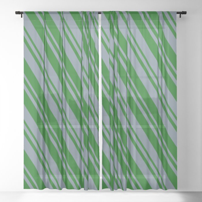 Slate Gray and Dark Green Colored Striped/Lined Pattern Sheer Curtain