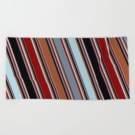 [ Thumbnail: Sienna, Light Blue, Dark Red, Light Slate Gray, and Black Colored Pattern of Stripes Beach Towel ]
