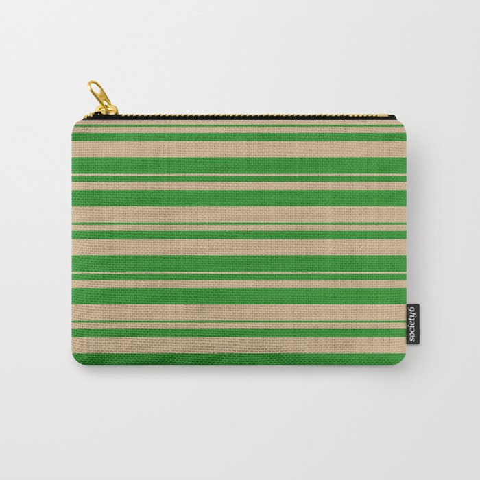 Forest Green and Tan Colored Striped/Lined Pattern Carry-All Pouch