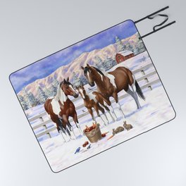 Bay Pinto Paint Horses In Snow Picnic Blanket