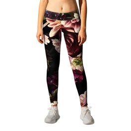 Vintage & Shabby Chic- Real Chrysanthemums Lush Midnight Flowers Botanical Garden Leggings