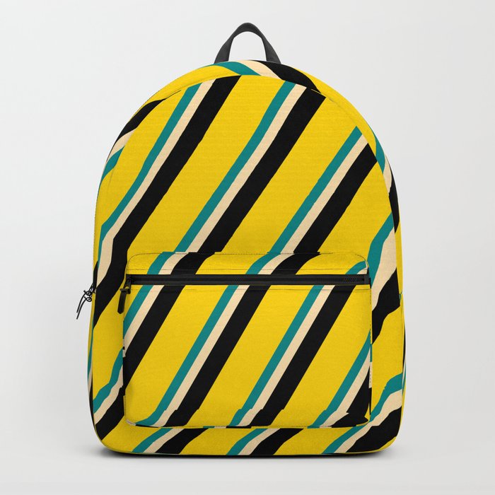 Dark Cyan, Beige, Black & Yellow Colored Stripes/Lines Pattern Backpack