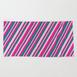 [ Thumbnail: Pink, Deep Pink, and Teal Colored Striped Pattern Beach Towel ]