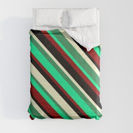 [ Thumbnail: Green, Dark Red, Black, Light Yellow, and Sea Green Colored Striped Pattern Comforter ]