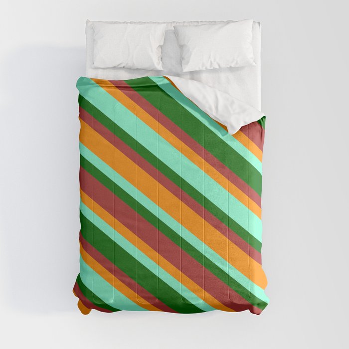 Aquamarine, Dark Green, Brown & Dark Orange Colored Pattern of Stripes Comforter