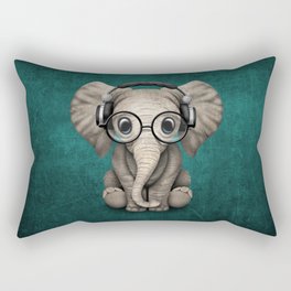 Cute Baby Elephant Dj Wearing Headphones and Glasses on Blue Rectangular Pillow