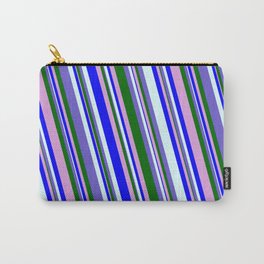[ Thumbnail: Colorful Plum, Blue, Light Cyan, Slate Blue & Dark Green Colored Striped/Lined Pattern Carry-All Pouch ]