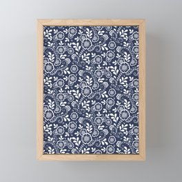 Navy Blue And White Eastern Floral Pattern Framed Mini Art Print