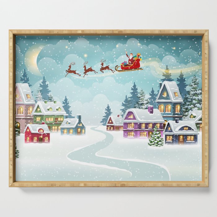 Santa and Reindeer on Christmas Background. Winter Christmas scene with snow covered houses and pine forest. Holiday vintage Background Serving Tray