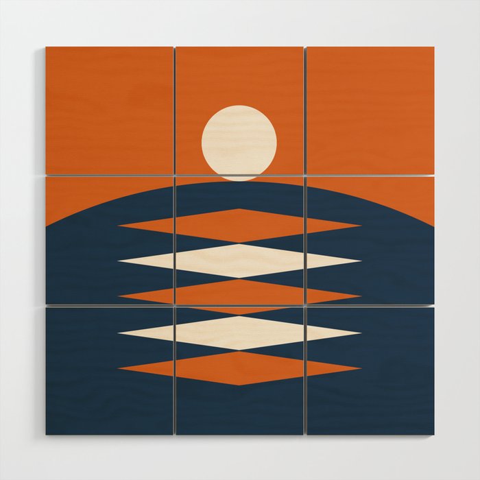 Abstract Geometric Sunrise 22 in Navy Blue Orange Wood Wall Art