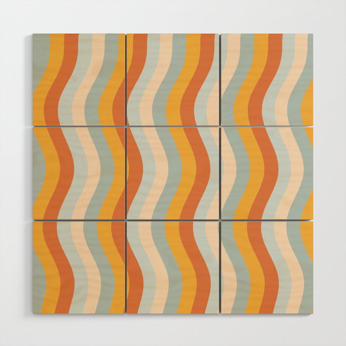 Wobbly Pop Stripes Retro Pattern Apricot Orange Ice Blue Wood Wall Art