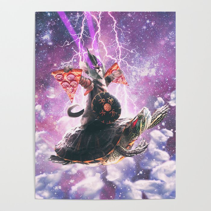 Lazer Warrior Space Cat Riding Turtle With Pizza Poster
