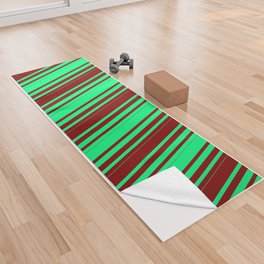[ Thumbnail: Green & Maroon Colored Striped/Lined Pattern Yoga Towel ]