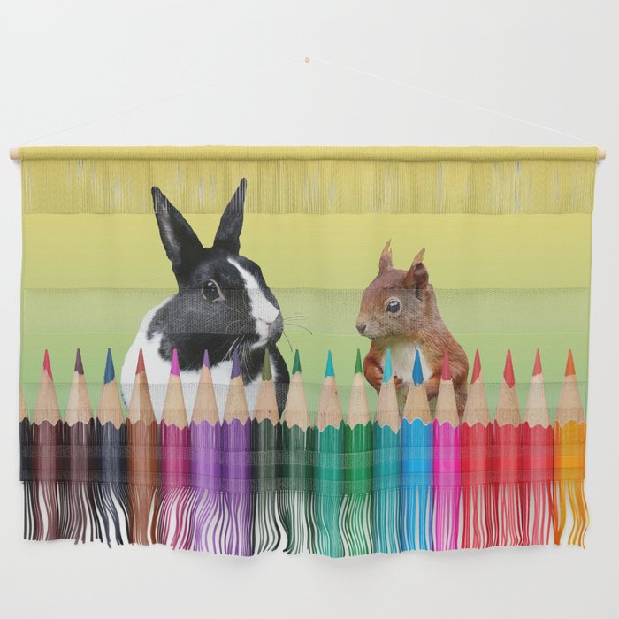 Colored Pencils - Squirrel & black and white Bunny - Rabbit Wall Hanging